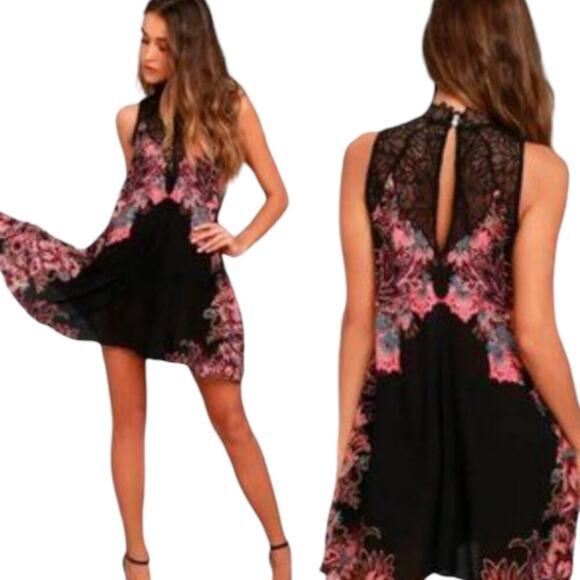 Free People Intimately Marsha Black Print Lace Slip Trapeze Dress XS High‎ Neck - Picture 7 of 9